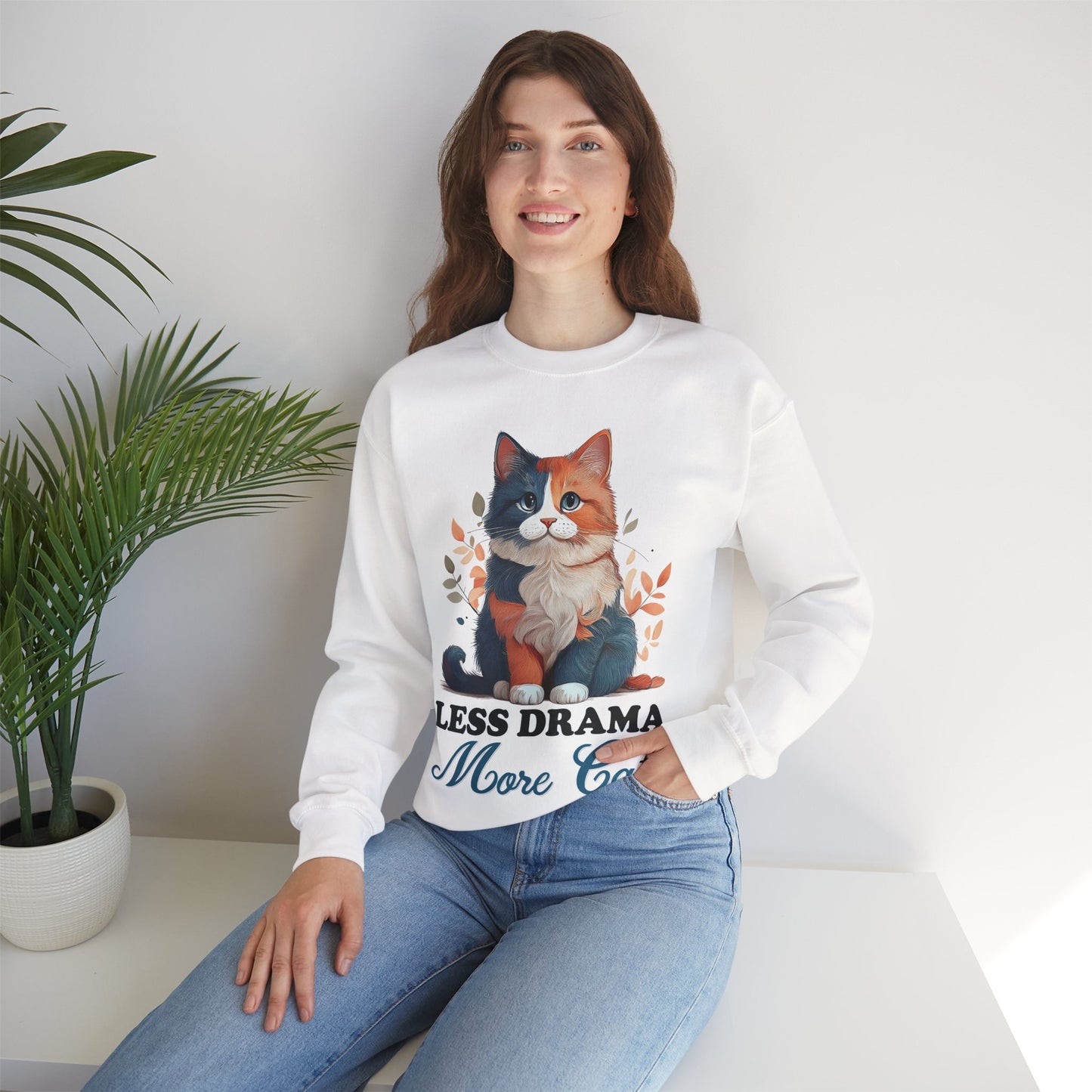 Less Drama, More Cats – Purrfect Peace in Style 🐾✨ - Cat Lover Crewneck Sweatshirt | Less Drama More Cats | Cozy Gift for Cat Owners, Animal Lovers, Cute Cat Sweatshirt