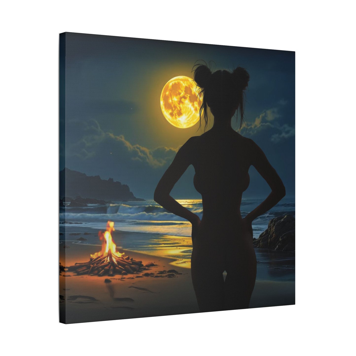 Roxie’s Midnight Swim – Moonlit Beach - Satin Canvas Print, Wall Art for Home Decor, Nighttime Serenity, Coastal Vibes, Gift for Nature Lovers, Personalized Artwork