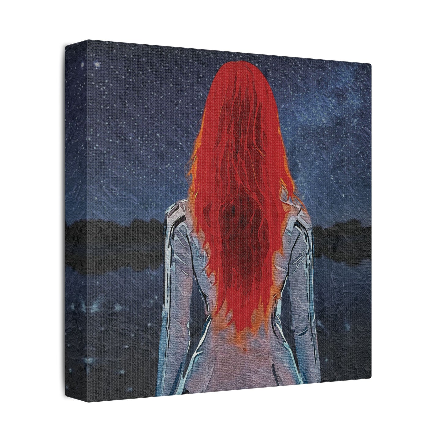 'Red' Scarlet Veil Over Starry Depths: Embrace the Cosmic Red Journey Within - Canvas Art Print: Starry Night with Red-Haired Woman, Wall Decor for Dreamers, Stretched Art, Unique Home Gift, Modern Living Room Decor