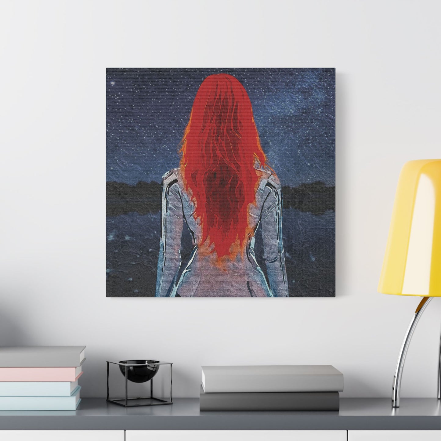 'Red' Scarlet Veil Over Starry Depths: Embrace the Cosmic Red Journey Within - Canvas Art Print: Starry Night with Red-Haired Woman, Wall Decor for Dreamers, Stretched Art, Unique Home Gift, Modern Living Room Decor