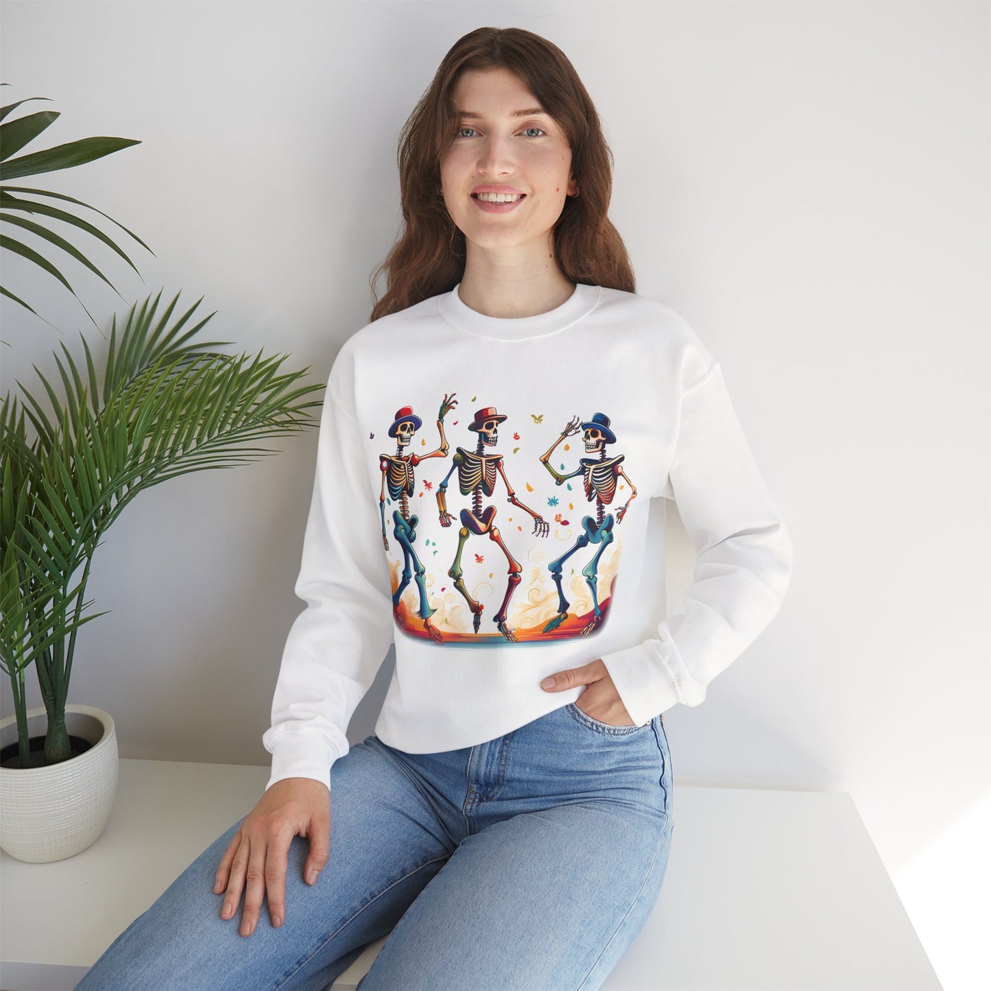 Dancing Skeletons Halloween Party - Spooky Fun Celebration Art - Festive Autumn Spirit Collection - Spooky Skeleton Dance Crewneck Sweatshirt, Halloween Sweatshirt, Unisex Fall Apparel, Casual Skeleton Top, Fun Halloween Gift