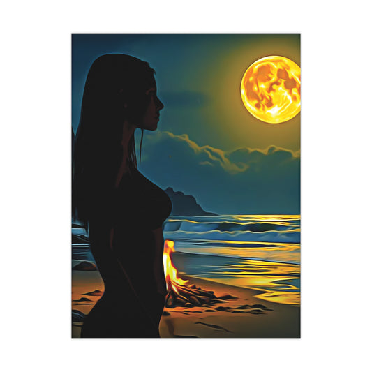 Moonfire Calm – Where Ocean Light Meets Inner Glow 🌕🔥 - Ocean Sunset Matte Poster, Beach Wall Art, Boho Decor, Moonlit Artwork, Nature Print, Home Aesthetic Decor