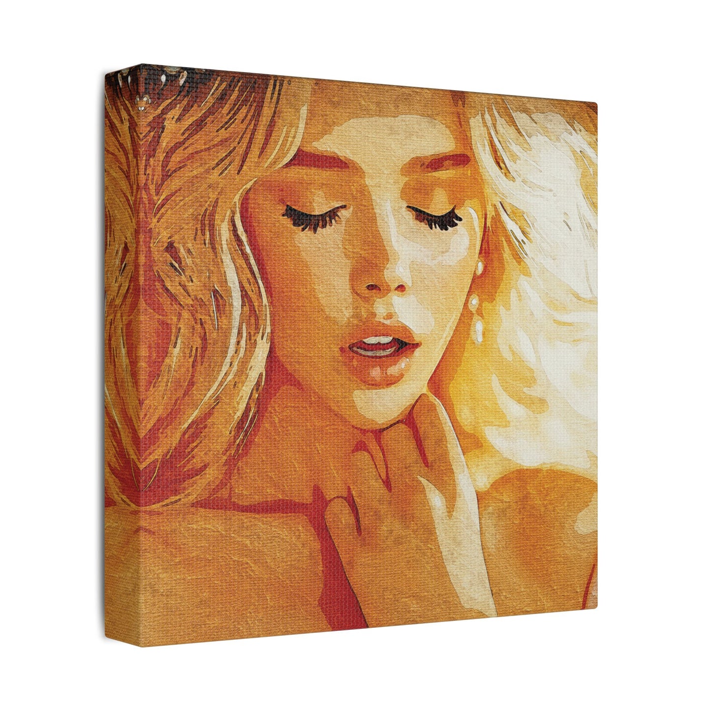 “Golden Reverie: The Serenity of a Soul in Stillness” - Elegant Satin Canvas Art Print, Home Decor Wall Artwork, Beautiful Portrait, Gift for Her, Modern Art Piece, Unique Wall Decoration