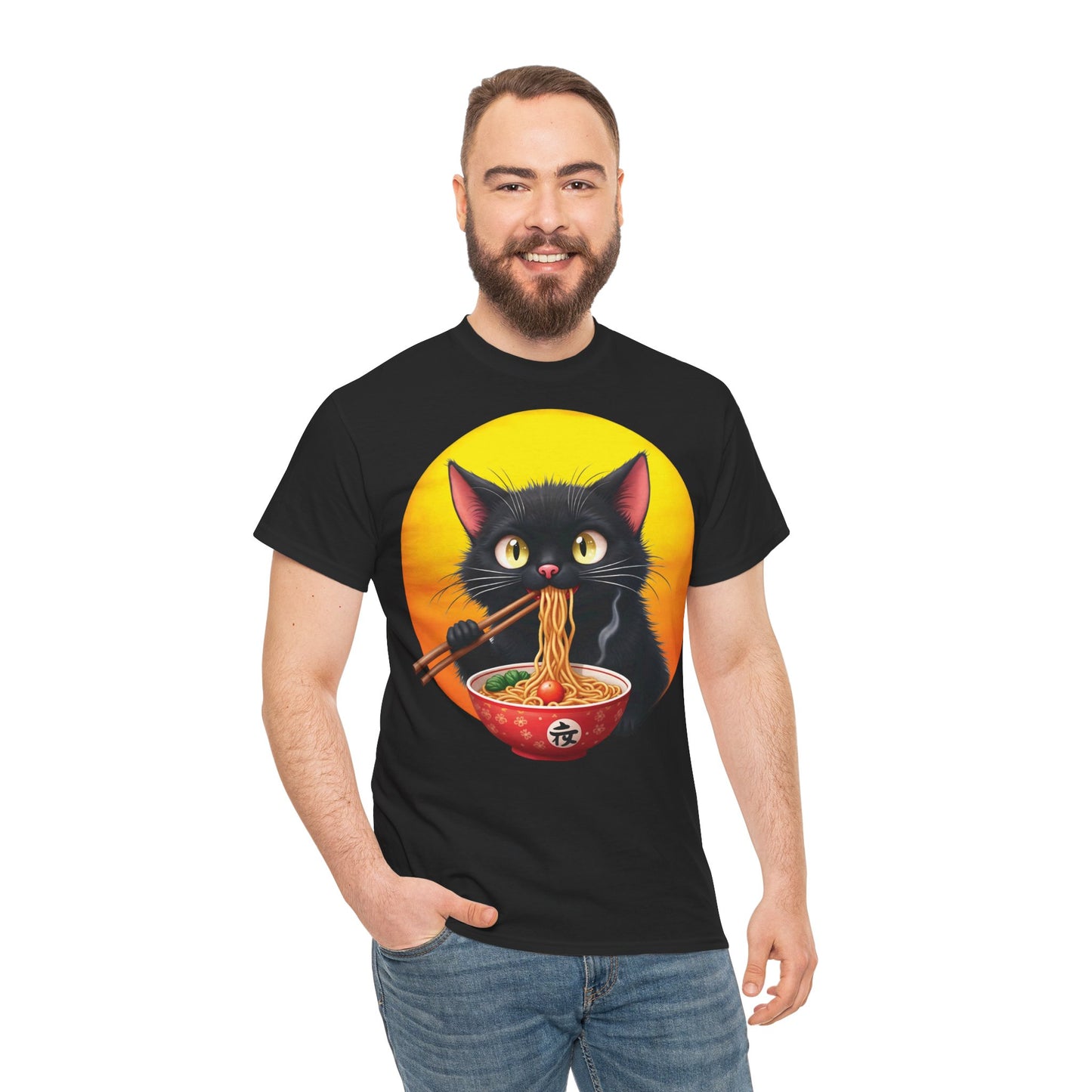 Ramen Cat Magic – Whiskers, Noodles & Sunshine Vibes - Ramen Cat - Cute Cat with Bowl of Noodles Unisex Heavy Cotton Tee
