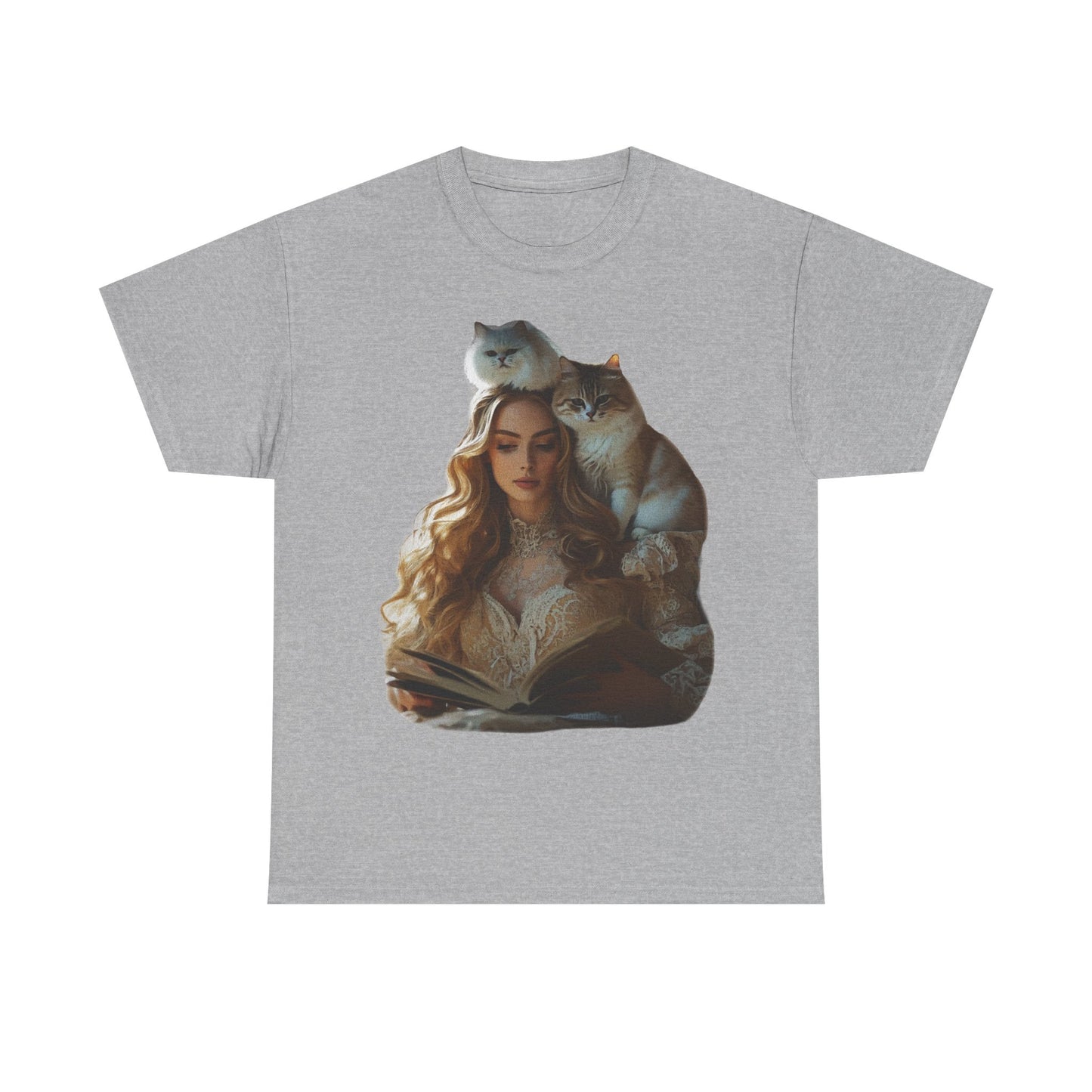 “Chapters & Companions: Peaceful Moments with Books, Cats, and Cozy Souls”  Description: - Book Lover Cat Tee, Unisex Heavy Cotton Tee for Cat Lovers, Cozy Graphic Shirt, Reading Gift, Cat Mom Gift, Pet Lover Apparel
