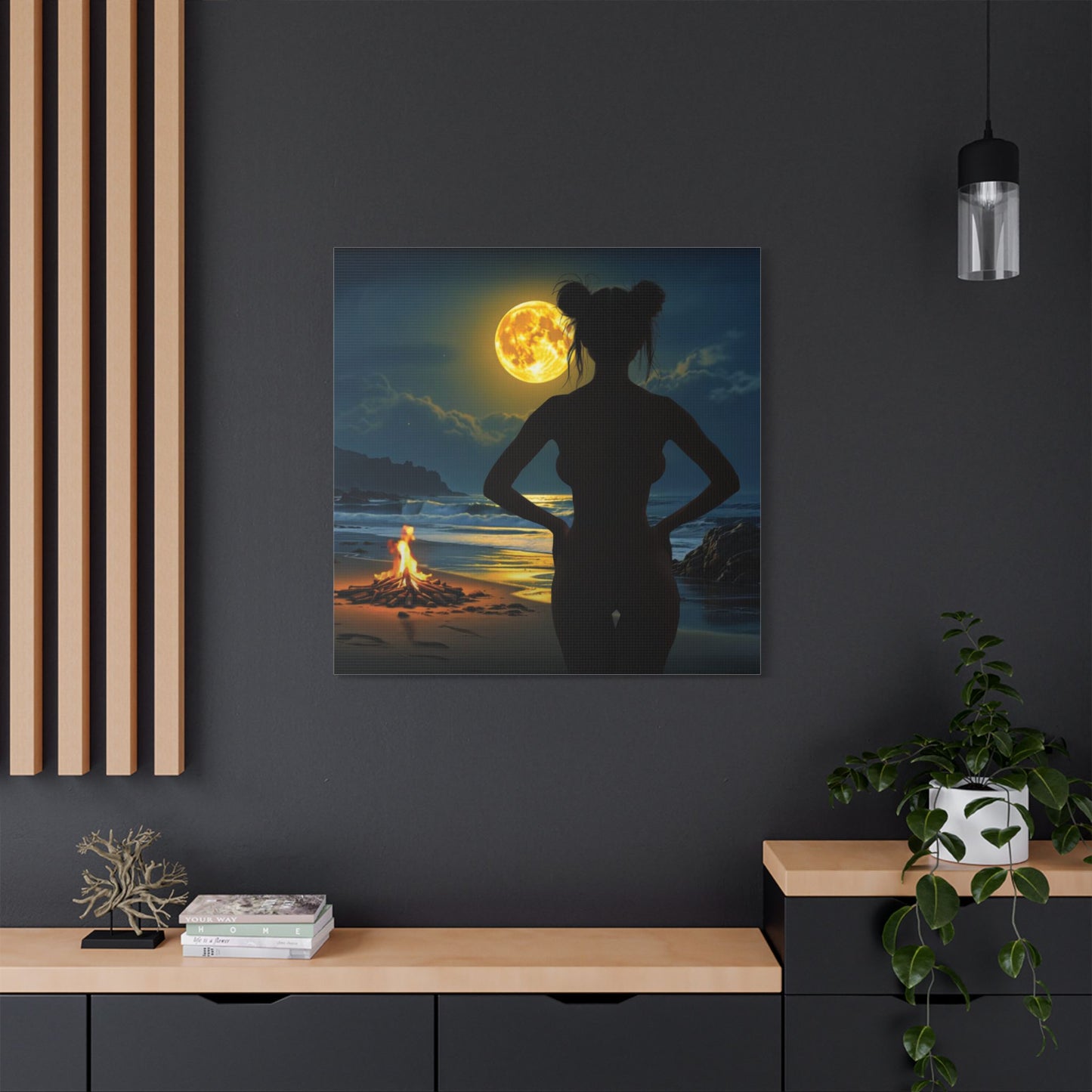 Roxie’s Midnight Swim – Moonlit Beach - Satin Canvas Print, Wall Art for Home Decor, Nighttime Serenity, Coastal Vibes, Gift for Nature Lovers, Personalized Artwork