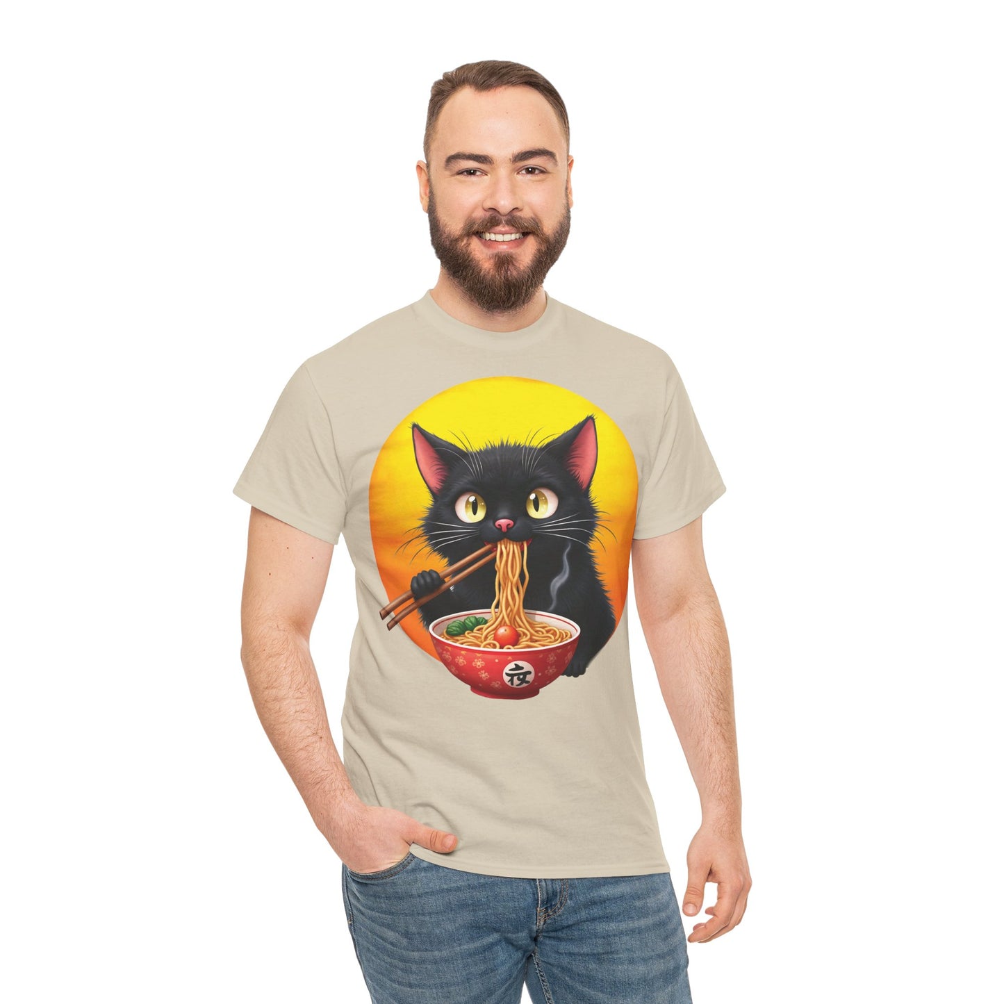 Ramen Cat Magic – Whiskers, Noodles & Sunshine Vibes - Ramen Cat - Cute Cat with Bowl of Noodles Unisex Heavy Cotton Tee