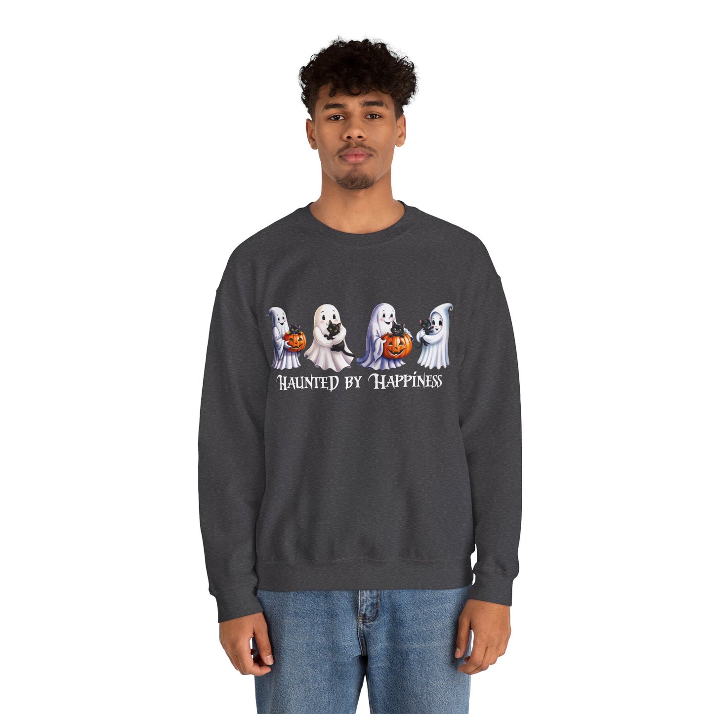👻 Haunted by Happiness: Ghosts of Joy and Candy - Halloween Ghosts Sweatshirt, Cozy Crewneck, Autumn Apparel, Spooky Season Gift, Unisex Sweatshirt for Fall Celebrations