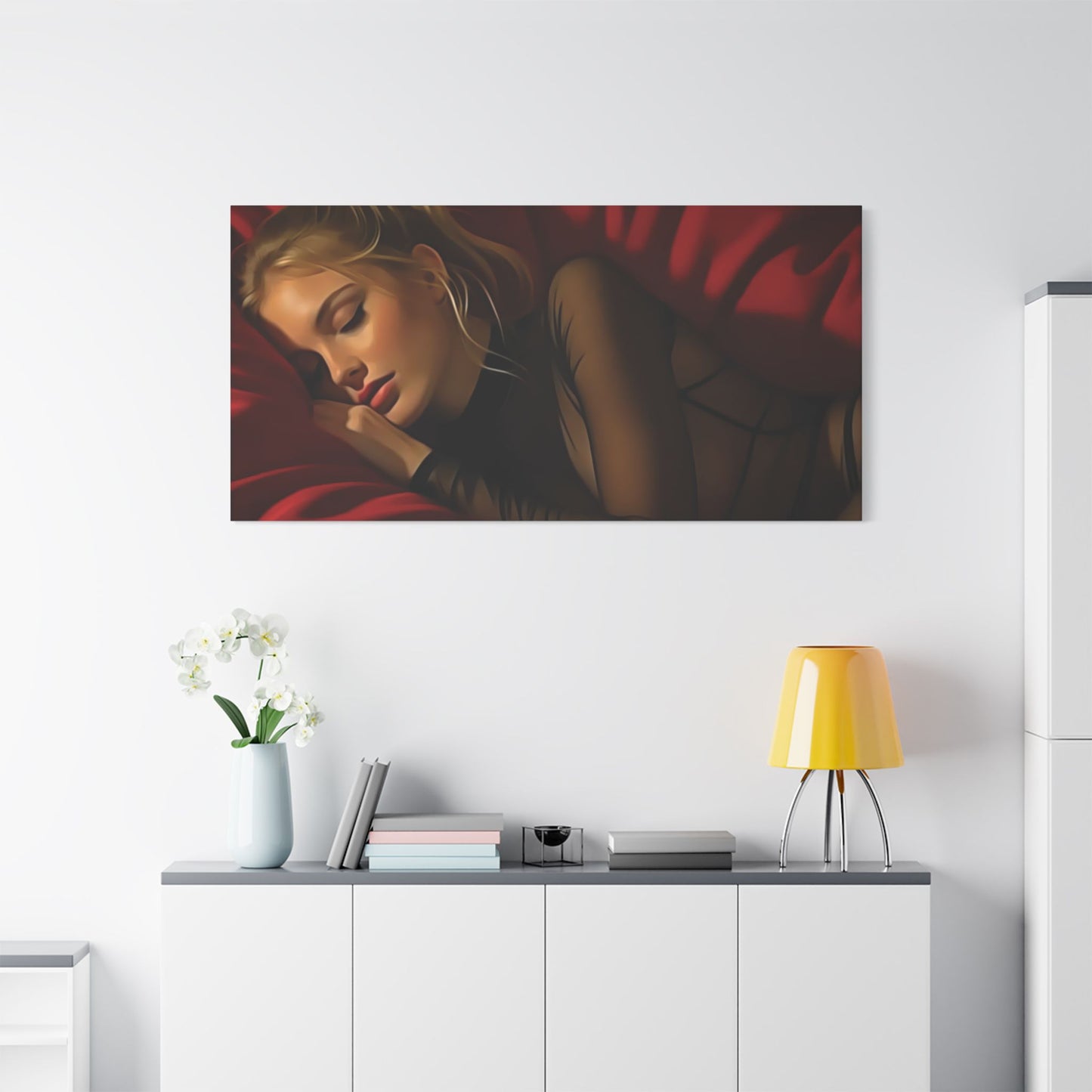 "Velvet Dreams: A Serene Portrait of Feminine Grace, Rest, and the Quiet Power of Stillness" - Elegant Satin Canvas Art Print, Bedroom Décor, Wall Art, Modern Home Decoration, Perfect Gift for Art Lovers, Relaxing Atmosphere