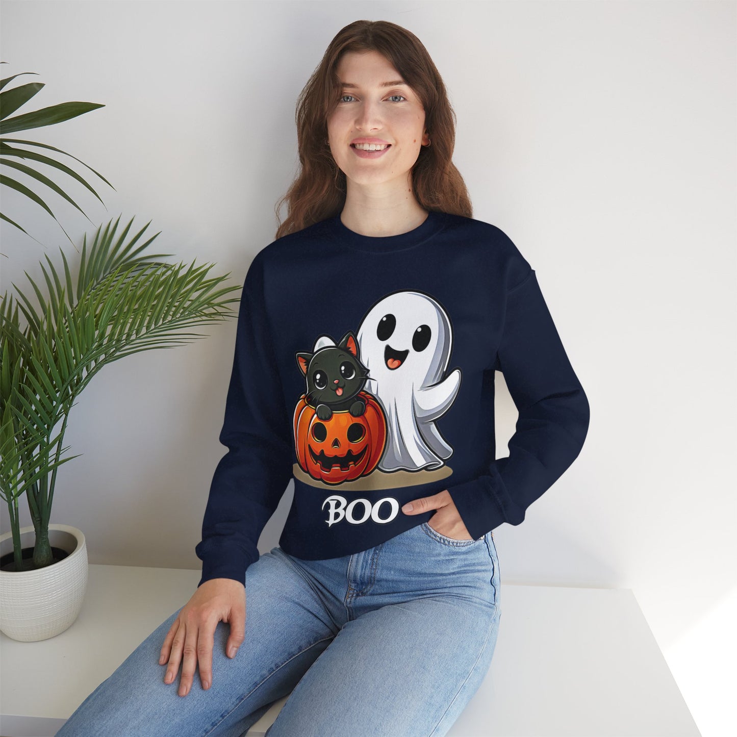 Spooky Smiles & Cozy Vibes – Halloween Boo Pumpkin Ghost Cat Edition - Cute Halloween Crewneck Sweatshirt with Ghost and Cat Design, Cozy Fall Apparel, Perfect for Spooky Season, Unisex Halloween Sweater, [...]
