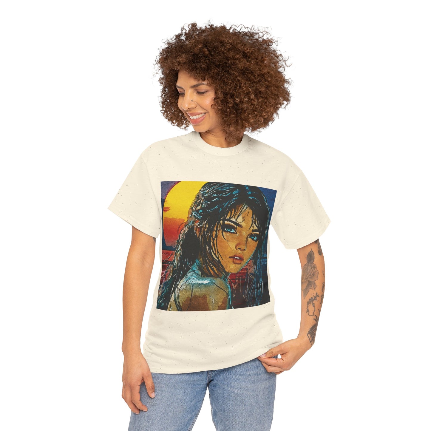 "Golden Hour Goddess: Vibrant Pop Art Vision" - Sunset Dreamer Unisex Heavy Cotton Tee - Vintage Art T-Shirt, Graphic Tee, Casual Wear, Unique Gift Idea, Summer Fashion