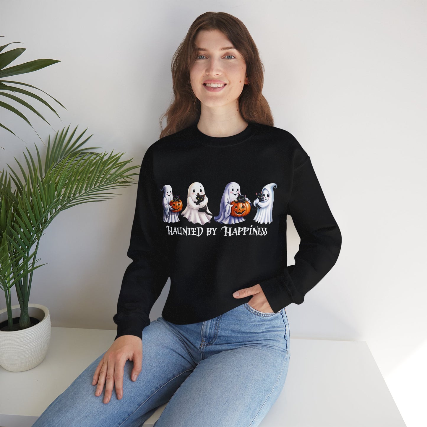 👻 Haunted by Happiness: Ghosts of Joy and Candy - Halloween Ghosts Sweatshirt, Cozy Crewneck, Autumn Apparel, Spooky Season Gift, Unisex Sweatshirt for Fall Celebrations