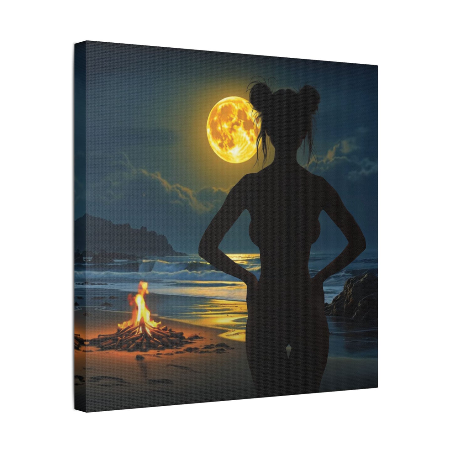 Roxie’s Midnight Swim – Moonlit Beach - Satin Canvas Print, Wall Art for Home Decor, Nighttime Serenity, Coastal Vibes, Gift for Nature Lovers, Personalized Artwork