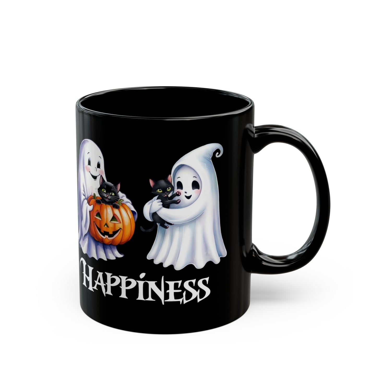 👻 Haunted by Happiness: Ghosts of Joy and Candy - Spooky Spirit Mug - Haunted by Happiness, Halloween Coffee Cup, Ghost Cat Drinkware, Trick or Treat Gift, Cute Fall Mug