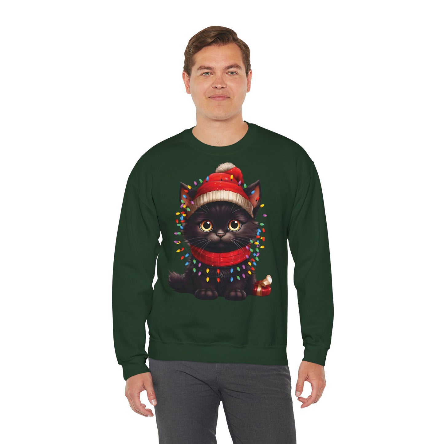 Holiday Heart: Kitten Wrapped in Christmas Lights - Festive Cat Crewneck Sweatshirt - Cozy Holiday Apparel, Warm Gift, Cute Winter Style, Pet Lover Sweatshirt, Christmas Sweater Alternative