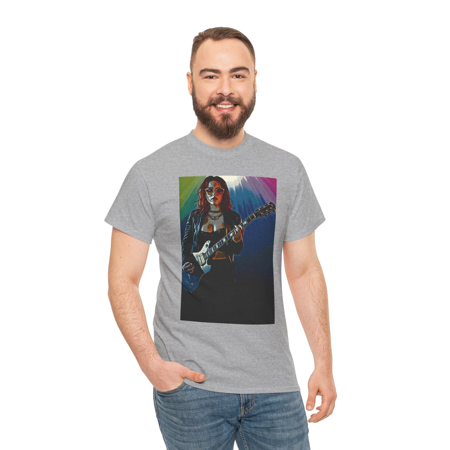 Electric Vibes: Retro Halftone Guitar Art Celebrating Music, Freedom, and Bold Self-Expression - Rock Star Unisex Heavy Cotton Tee, Music Lover Gift, Concert Apparel, Vintage Tee, Festival Wear