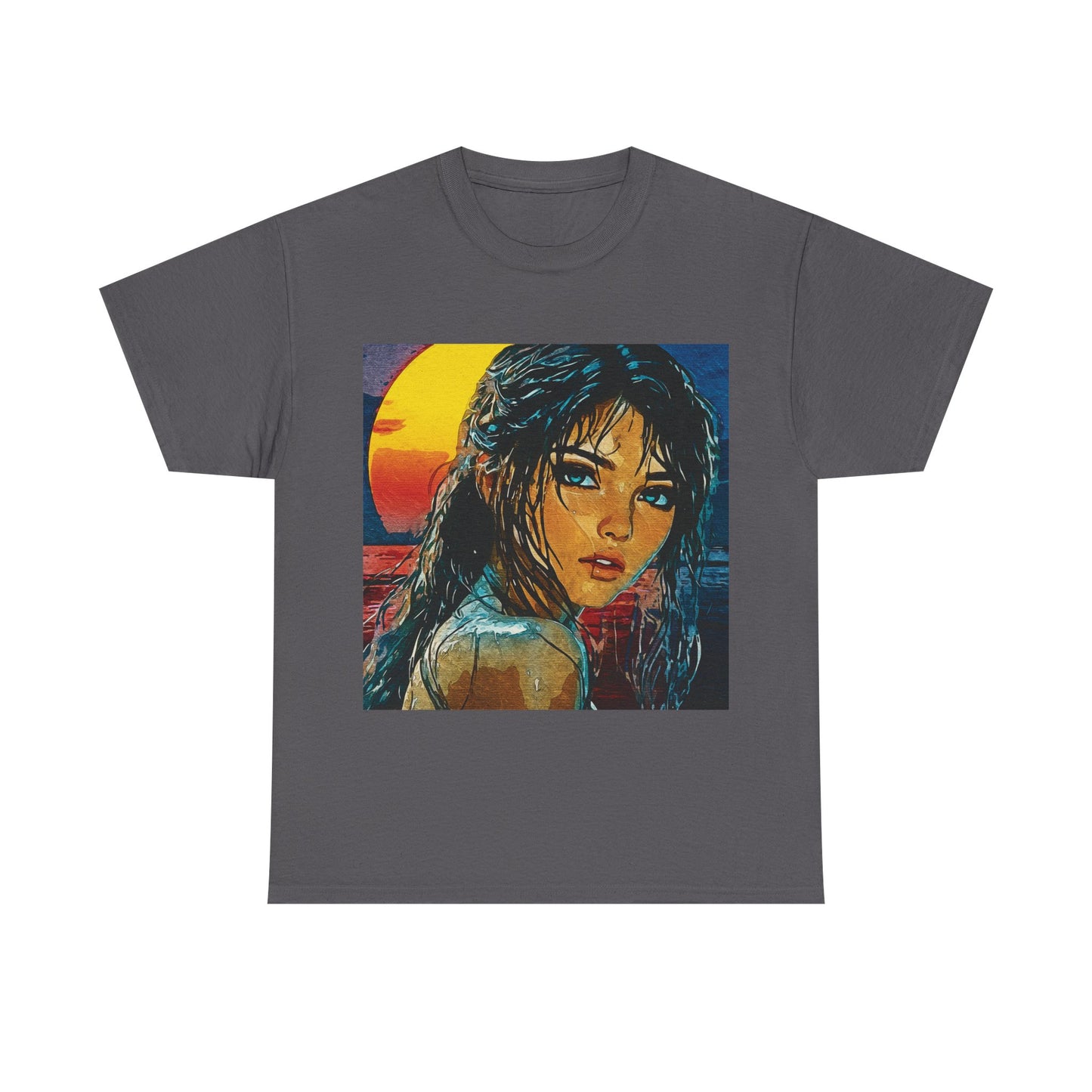 "Golden Hour Goddess: Vibrant Pop Art Vision" - Sunset Dreamer Unisex Heavy Cotton Tee - Vintage Art T-Shirt, Graphic Tee, Casual Wear, Unique Gift Idea, Summer Fashion