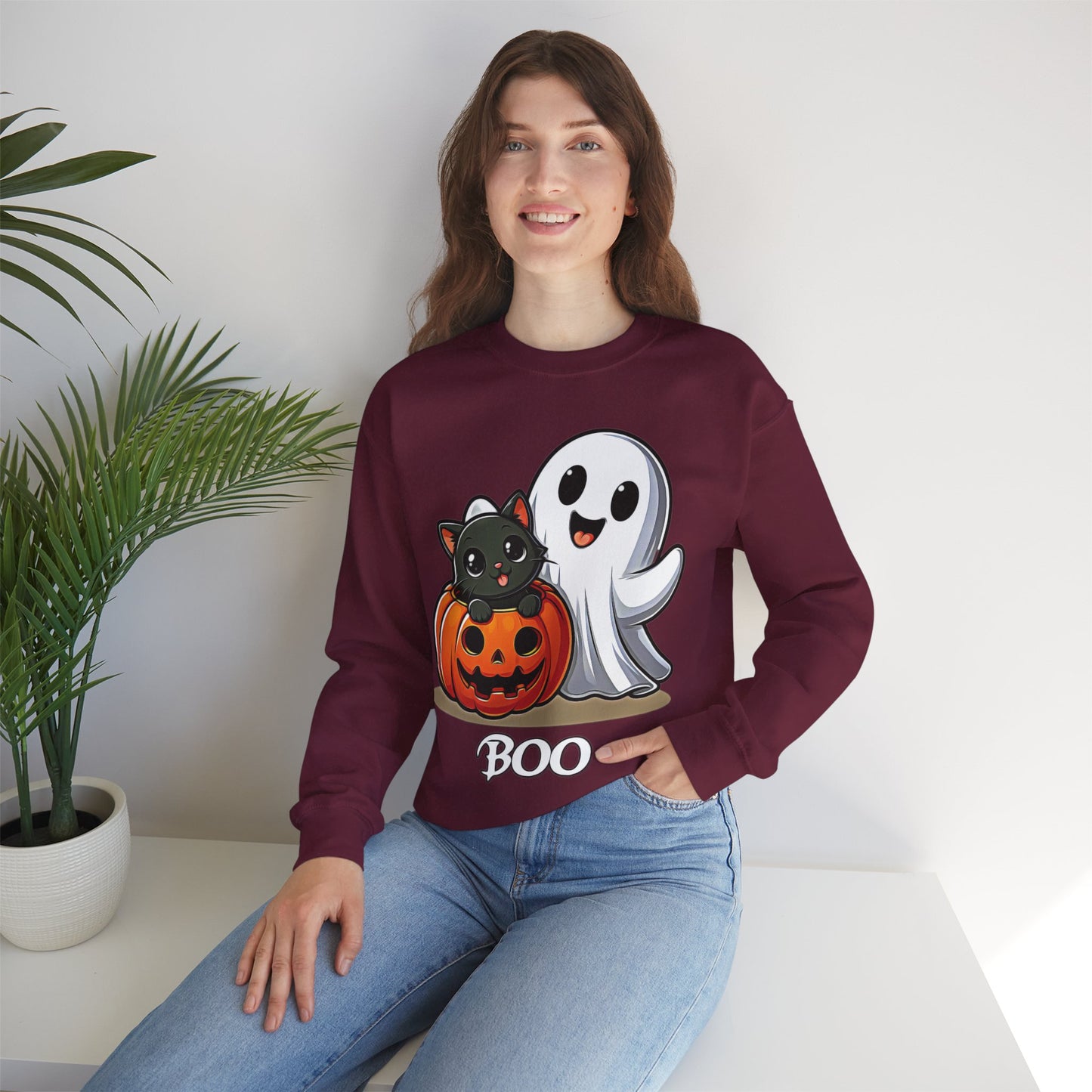 Spooky Smiles & Cozy Vibes – Halloween Boo Pumpkin Ghost Cat Edition - Cute Halloween Crewneck Sweatshirt with Ghost and Cat Design, Cozy Fall Apparel, Perfect for Spooky Season, Unisex Halloween Sweater, [...]