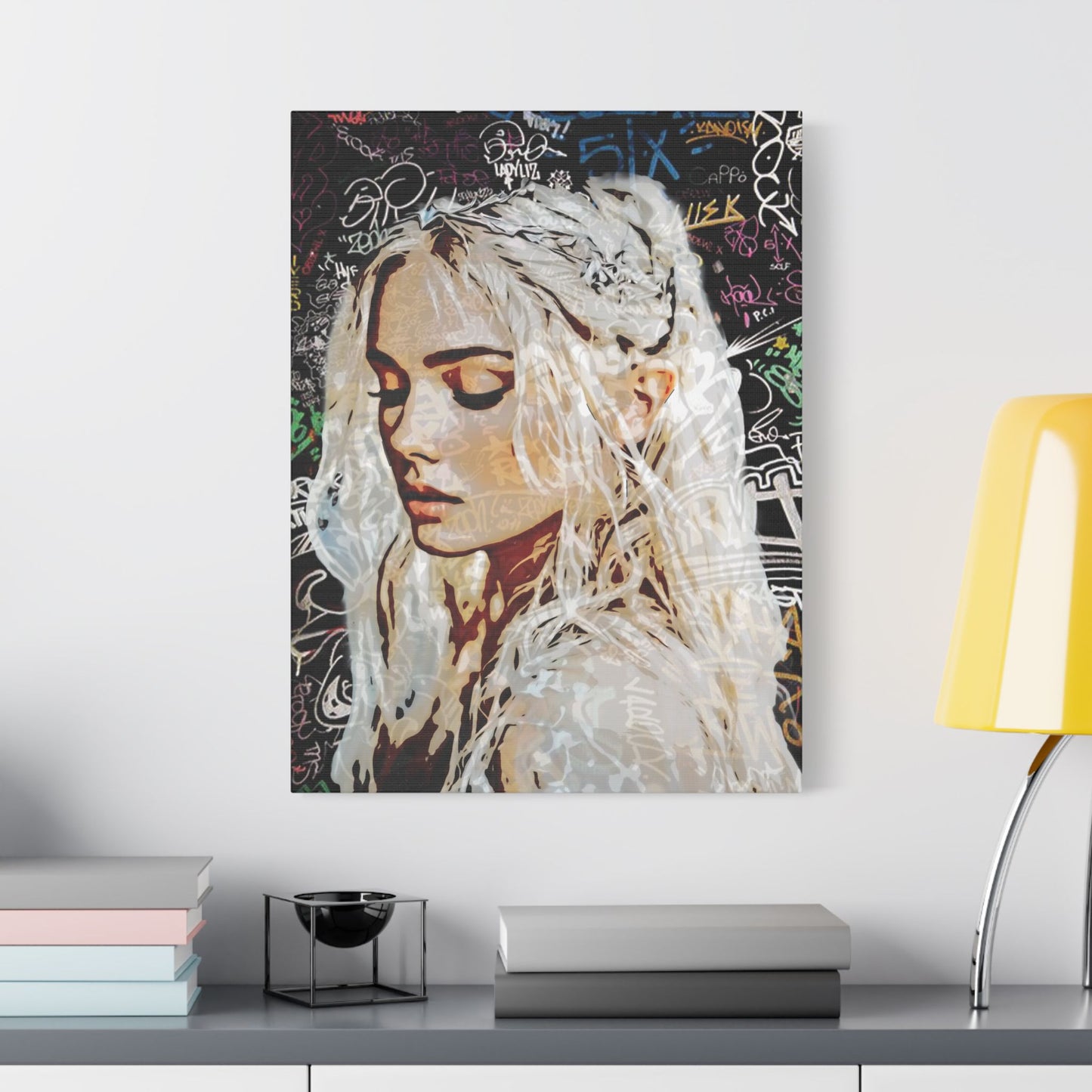 "Urban Dreams: Street Art Portrait of Hope and Beauty Emerging from City's Creative Soul" - Satin Canvas Art Print, Stretched Wall Decor, Girl Portrait, Abstract Graffiti Design, Unique Home Decor, Gift for Art Lovers